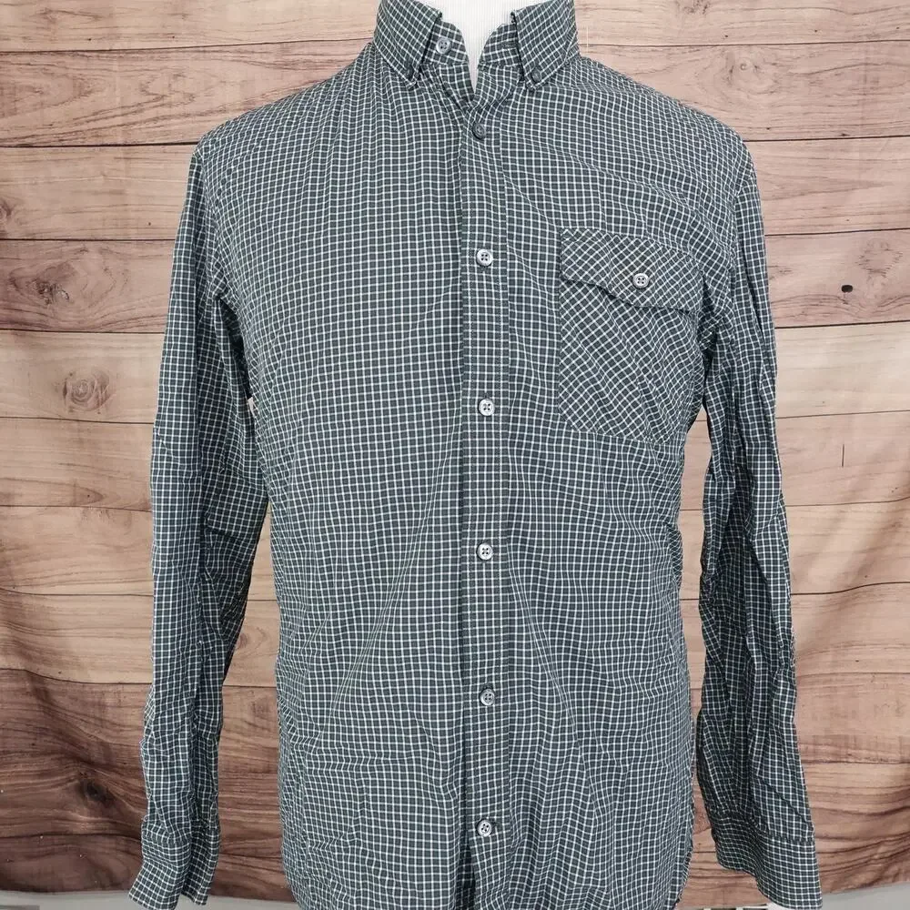 BANANA REPUBLIC LONG SLEEVE GREEN CHECK PLAID POCKET‎ BUTTON UP SHIRT L 16-16.5